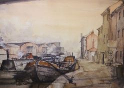 Graham Blaine (20th century school) Watercolour  'Gas Street Basin', Boats moored in Birmingham