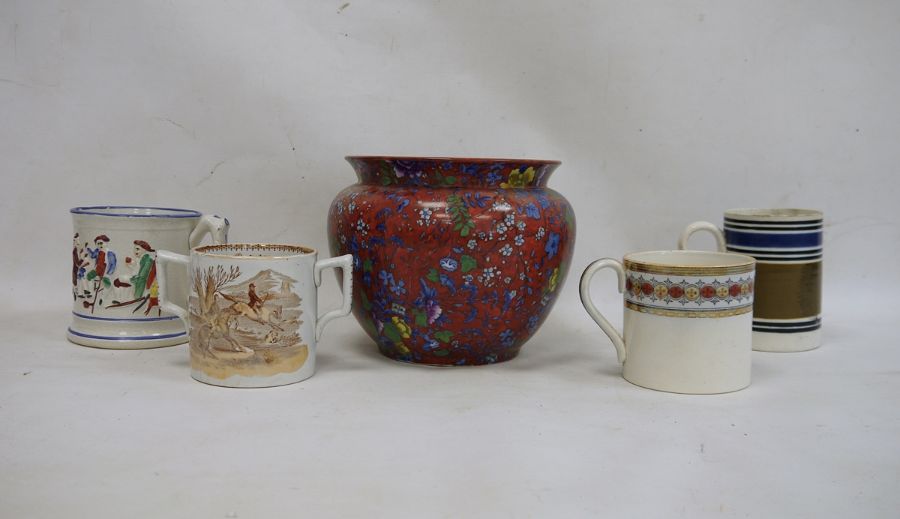 19th century Staffordshire 'Frog' tankard, a two-handled mug, E.M.& Co, two other mugs and a Cauldon