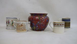 19th century Staffordshire 'Frog' tankard, a two-handled mug, E.M.& Co, two other mugs and a Cauldon