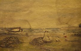 Early 20th century school Oil on canvas Coastal scene with figures, signed indistinctly lower
