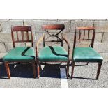 10 similar 19th century mahogany dining chairs with fluted tapering front supports, green vinyl