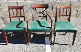 10 similar 19th century mahogany dining chairs with fluted tapering front supports, green vinyl