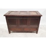 18th century-style oak mule chest with fluted decoration, lift top and two drawers under, on stile