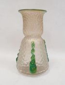 Loetz style iridescent glass vase with conical body, crackle finish and green trails, 21cm high