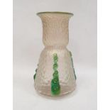 Loetz style iridescent glass vase with conical body, crackle finish and green trails, 21cm high