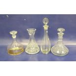 Waterford cut glass carafe, waisted and three modern decanters