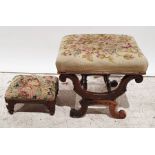 Victorian stool with needlework upholstered top, curvy X-shaped end supports united by turned