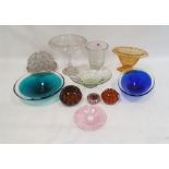 Cut pedestal comport, two clear and coloured bowls, a bubble glass vase and other glassware