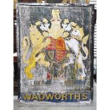 Old Wadworth painted wood double-sided sign with armorial bearings, 123cm x 92cm