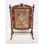 19th century needlework firescreen with carved and turned walnut frame and floral spray
