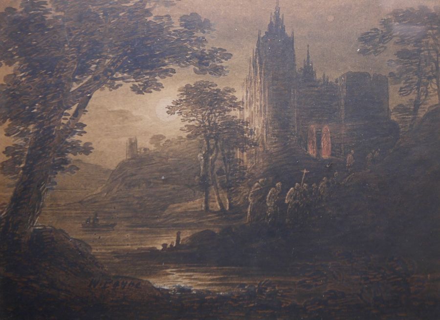 William Payne (1760-1830)  Watercolour  Lake landscape with a procession leading to a gothic church,