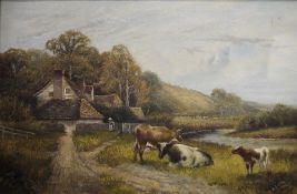 E Wolervoniz(?) (early 20th century) Oil on canvas Pair of rural landscapes with cattle watering and