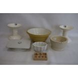 Two G Rushbrooke pottery ham stands, a stoneware mortar with glass pestle, a William Douglas &