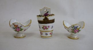 Two Meissen porcelain miniature trefoil pedestal bowls, relief floral spray and bug decorated,