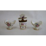 Two Meissen porcelain miniature trefoil pedestal bowls, relief floral spray and bug decorated,