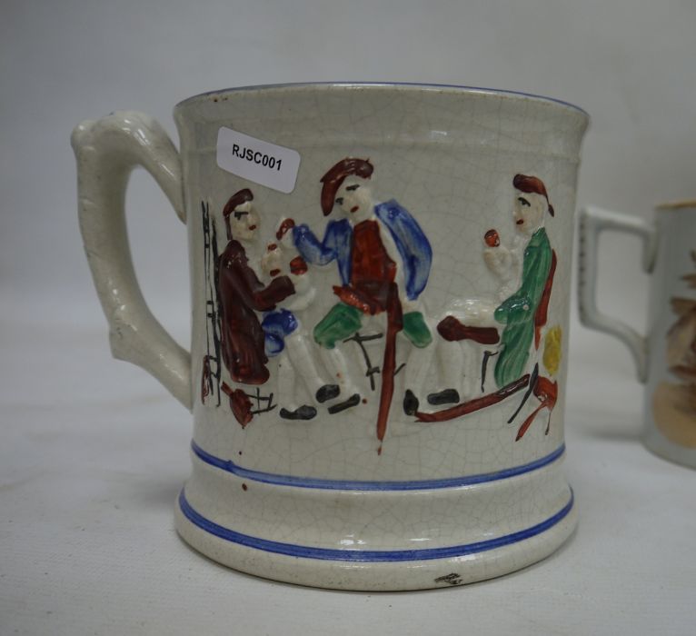 19th century Staffordshire 'Frog' tankard, a two-handled mug, E.M.& Co, two other mugs and a Cauldon - Image 3 of 9