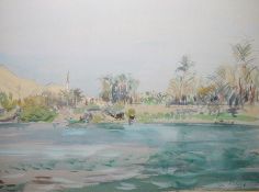 John Linfield (b.1930) Watercolour 'Egypt - Palm Groves and Fishermen' bears Bankside Gallery