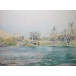 John Linfield (b.1930) Watercolour 'Egypt - Palm Groves and Fishermen' bears Bankside Gallery