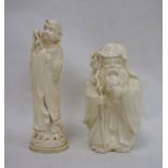 Japanese carved ivory model of a hooded man carrying fly whisk, signed to base, 22cm high and an