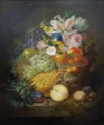 William E D Stuart (fl.1846-1858) Oil on canvas Still life of a basket of fruit and flowers