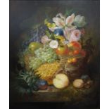 William E D Stuart (fl.1846-1858) Oil on canvas Still life of a basket of fruit and flowers