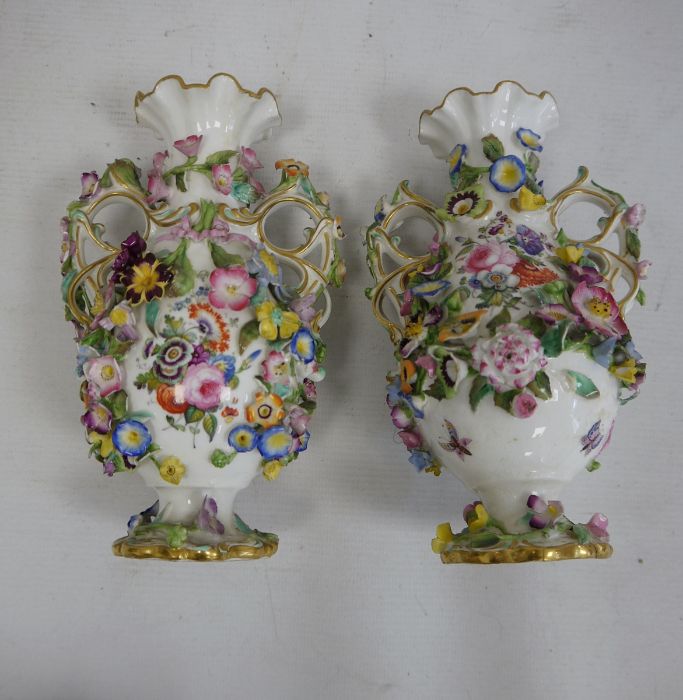 Pair of 19th century china floral encrusted vases, baluster-shaped with scrolled and looped handled, - Bild 5 aus 47