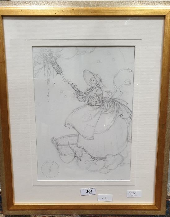 Winifred Ackroyd Pencil study Children's illustration of old lady with basket and moon, signed lower - Bild 3 aus 3
