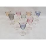 Various tinted, coloured and clear liqueurs, two green and clear moulded cream jug, various matching