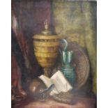 Early 20th century school  Oil on canvas Still life of books with urns, unsigned, labelled verso '