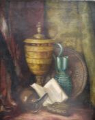 Early 20th century school  Oil on canvas Still life of books with urns, unsigned, labelled verso '