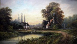 G Norman (early 20th century school) Pair of oils on canvas  Figure leaving cottage with church