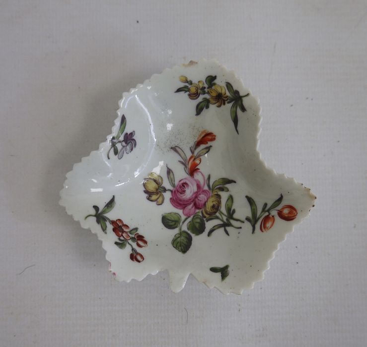 18th century porcelain pickle dish, leaf shaped with relief vein decoration to the underside, with - Image 2 of 4