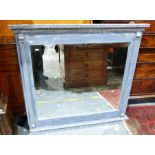Blue painted shabby chic style overmantel mirror with moulded decoration, 107cm x 100cm
