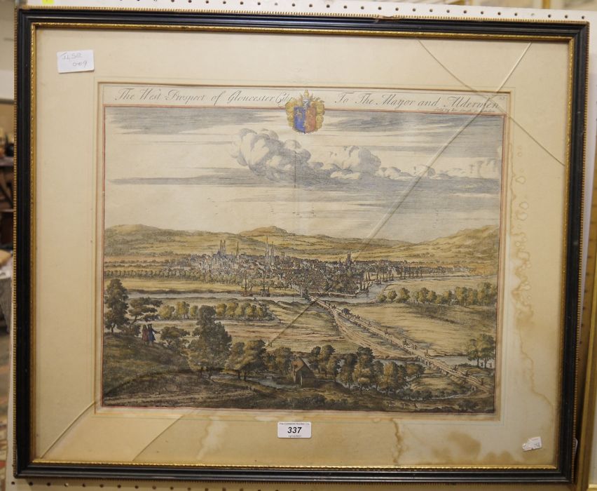 Johannes Kip (Dutch 1652-1722) Handcoloured engraving  "Prospect of Gloucester City to the Mayor and - Image 2 of 2