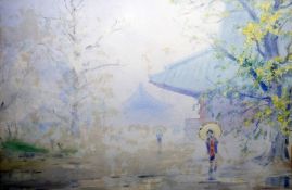 20th century school Watercolour  Japanese figure in the rain, signed indistinctly lower left, 30cm x