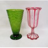 Green glass vase with conical wave-moulded body and circular spreading foot, 30cm high and a pink