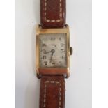9ct gold cased Denco gentleman's wristwatch with brown leather strap, hallmarked to inside 'A.L.D
