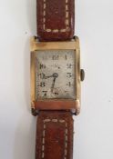 9ct gold cased Denco gentleman's wristwatch with brown leather strap, hallmarked to inside 'A.L.D