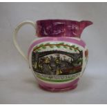 Early 19th century pink Sunderland lustre jug, transfer printed 'A West View of the Iron Bridge at