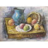 W. Adams (20th century) Oils on canvas Pair, still life, fruit and vessels on a table, signed,
