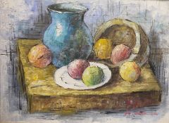W. Adams (20th century) Oils on canvas Pair, still life, fruit and vessels on a table, signed,