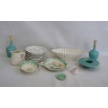 Six Pillivuyt French porcelain snail dishes, a Sylvac turquoise posy vase, a pair of turquoise