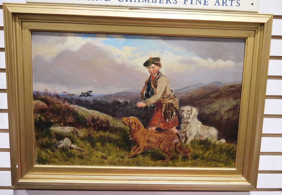 Early 20th century school Oil on board Highland scene with boy and dogs, unsigned, 32cm x 50cm - Image 2 of 2