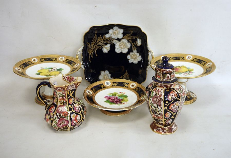 Masons Ironstone 'Penang' jug, matching lidded vase, three circular comports decorated with