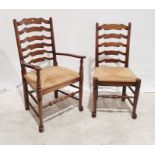 Set of five 20th century oak ladderback rush-seated chairs with turned stretchers (5)
