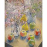 Ashmore (20th century school) Oil on panel Still life study of fruit and flowers in a glass mug,