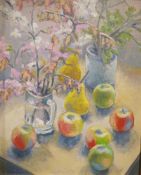 Ashmore (20th century school) Oil on panel Still life study of fruit and flowers in a glass mug,