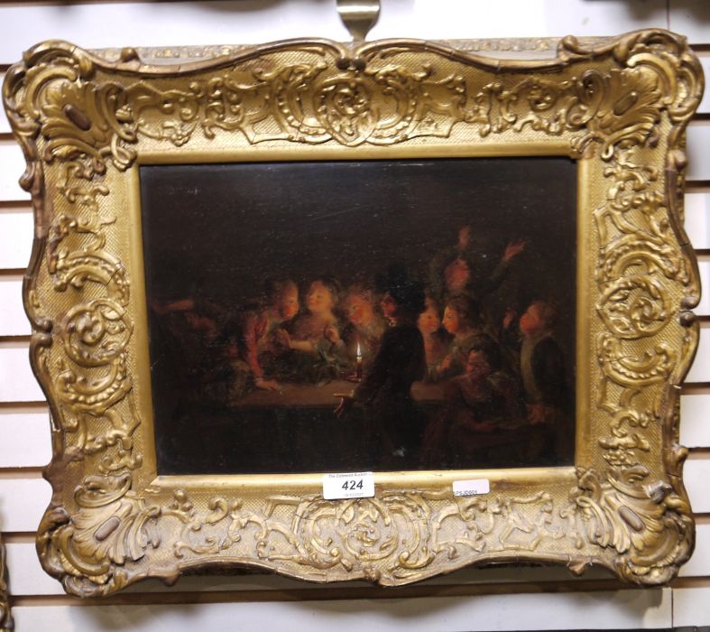 Unattributed 19th century school Oil on board Candlelit room with figures around table playing cards - Image 2 of 2