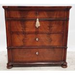 19th century continental mahogany chest of four long drawers with advanced forepillars to the