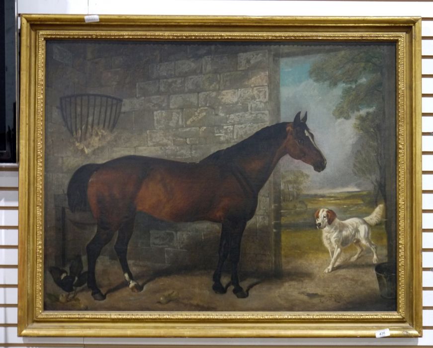 E J Keeling (1856-1873) Oil on canvas Chestnut horse in a stable interior with spaniel in the - Image 2 of 6